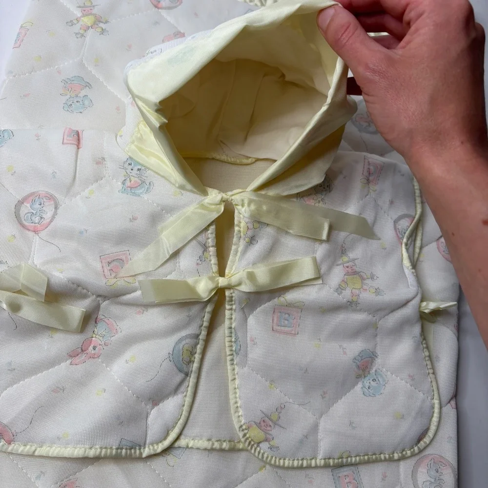 Vintage Storktex Baby Bunting Bag & Hooded Jacket Set Yellow Quilted Animals MCM